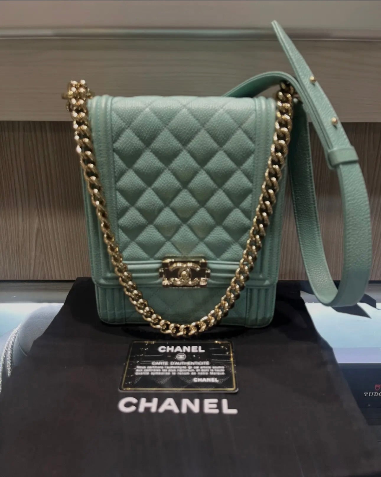 Pre-Owned Chanel Caviar Quilted North-South Boy Flap Bag in Light Blue GHW