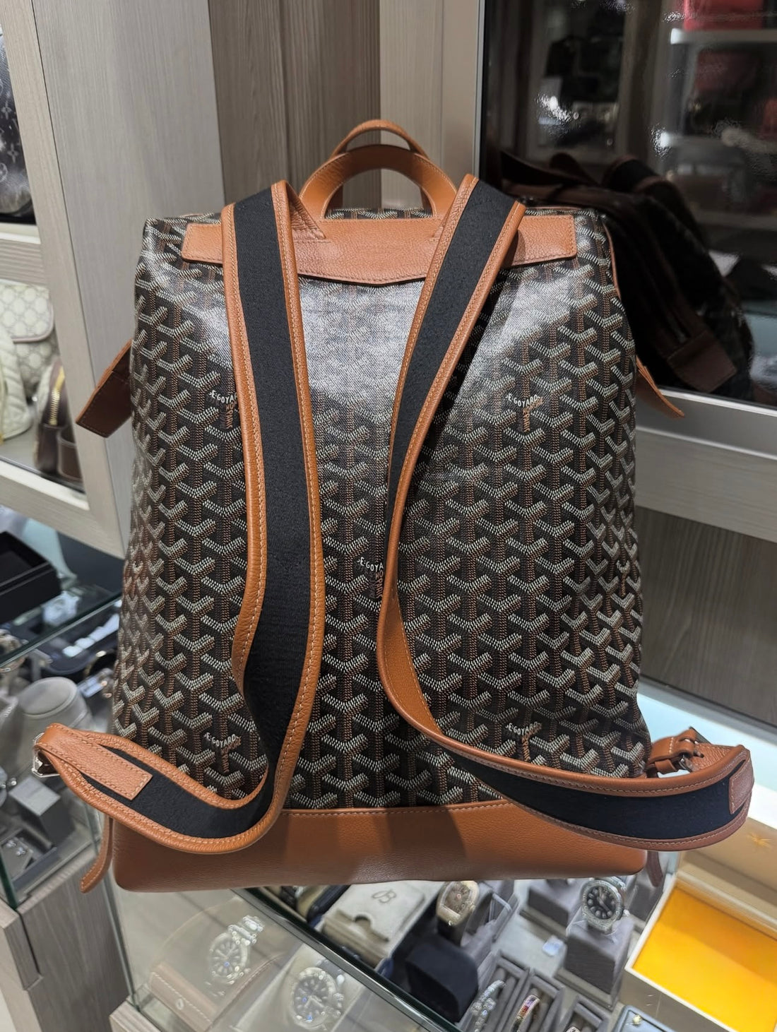 Pre-owned Goyard Cisalpin Backpack in Black Goyardine Tan trim (2024)