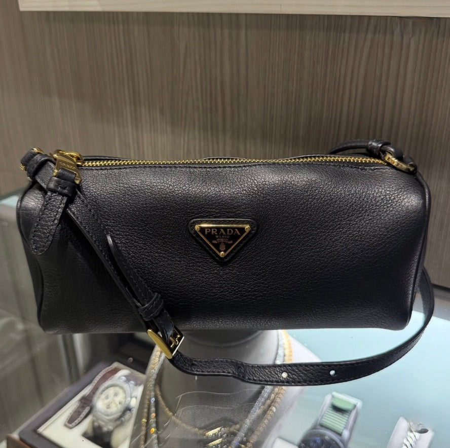 Pre-owned Prada Enameled Metal Triangle Leather Pouch Shoulder Bag