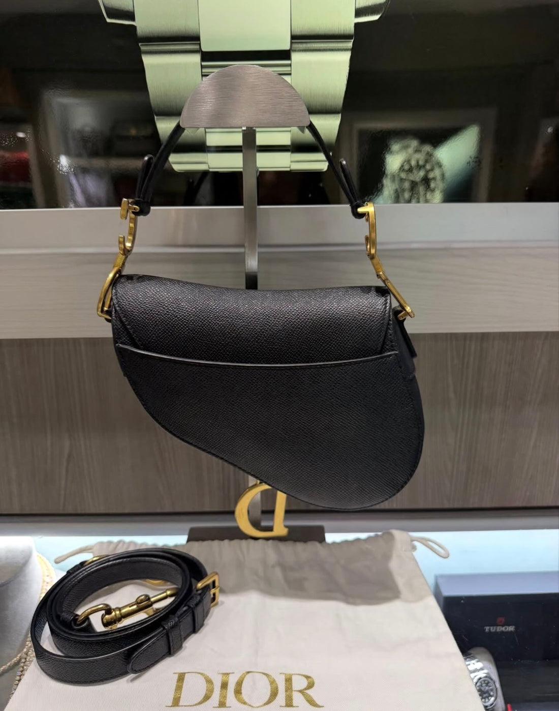Pre-owned Dior Mini Saddle Black Grained Calfskin with Strap (2023)