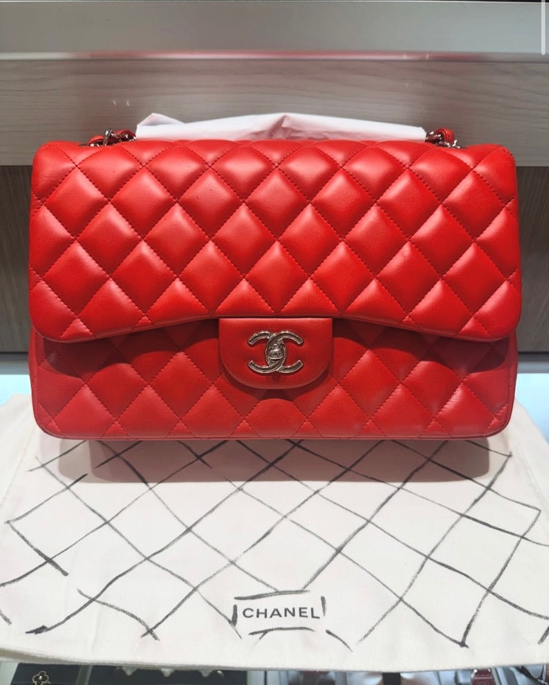 Pre-Owned Chanel Lambskin Quilted Jumbo Double Flap in Cayenne Red with Silver Hardware