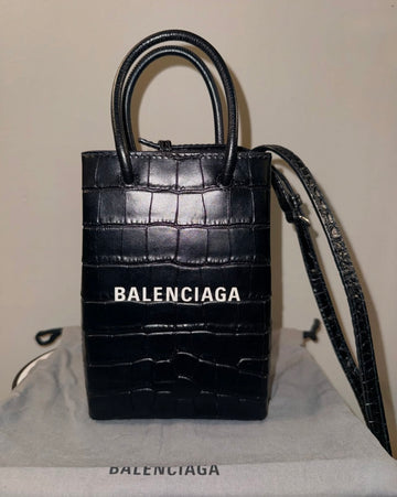 Pre-Owned Balenciaga Mini Tote Crossbody Bag Black Faux Croc Embossed Leather