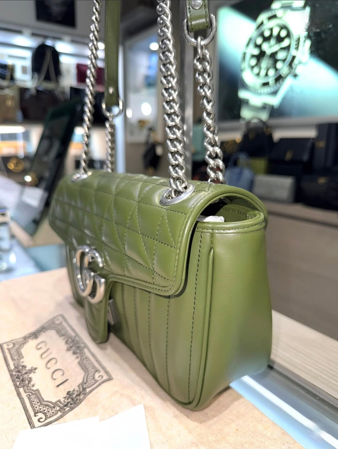 Pre-owned Gucci GG Marmont Matelasse Shoulder Bag in Army Green