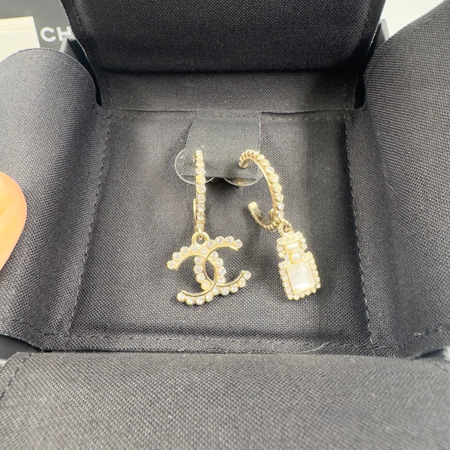 Chanel Faux Pearl, Strass & Resin CC Perfume Bottle Drop Hoop Earrings 2021 collection