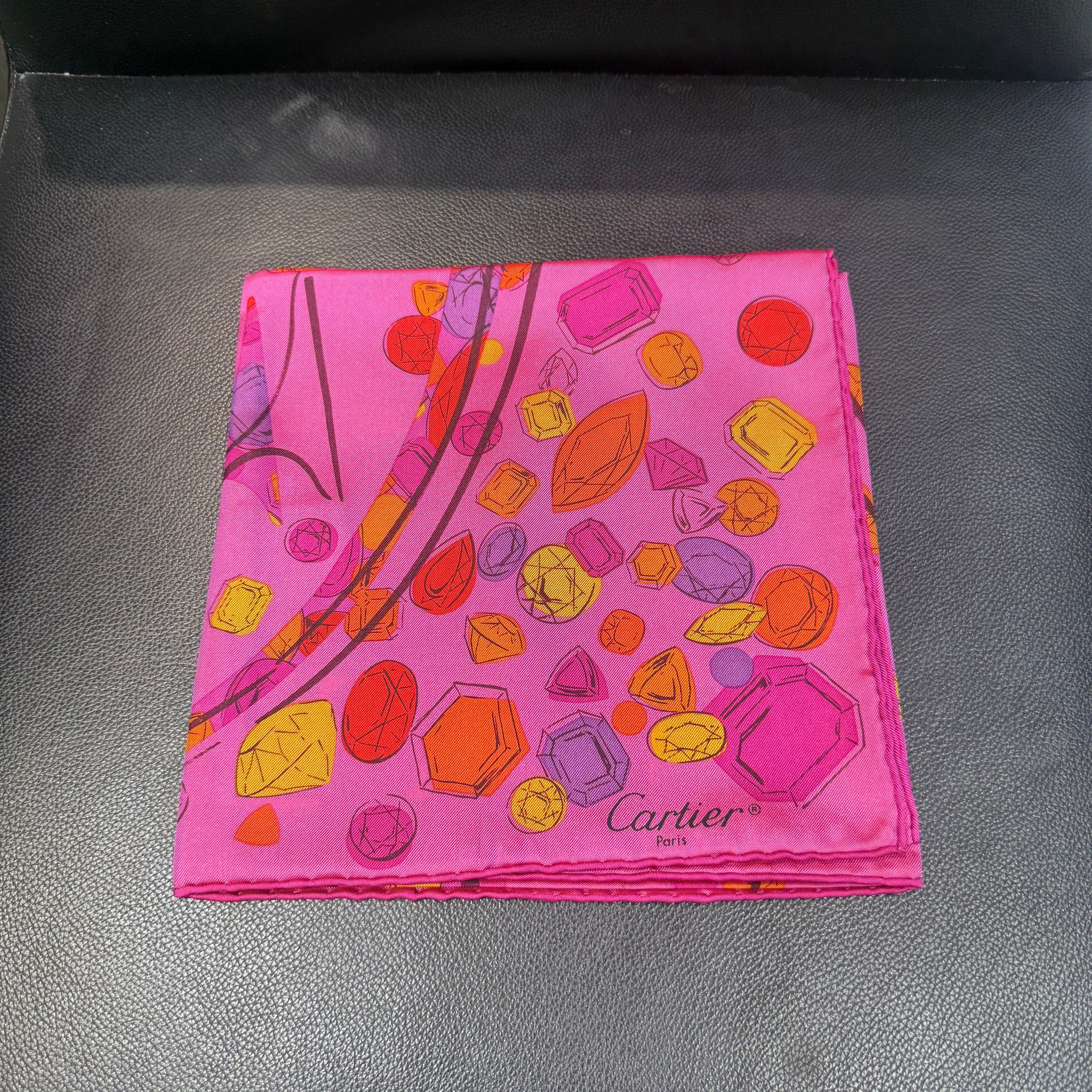 Unworn Cartier Silk Scarf – Pink Gem Motif (25” x 25”)