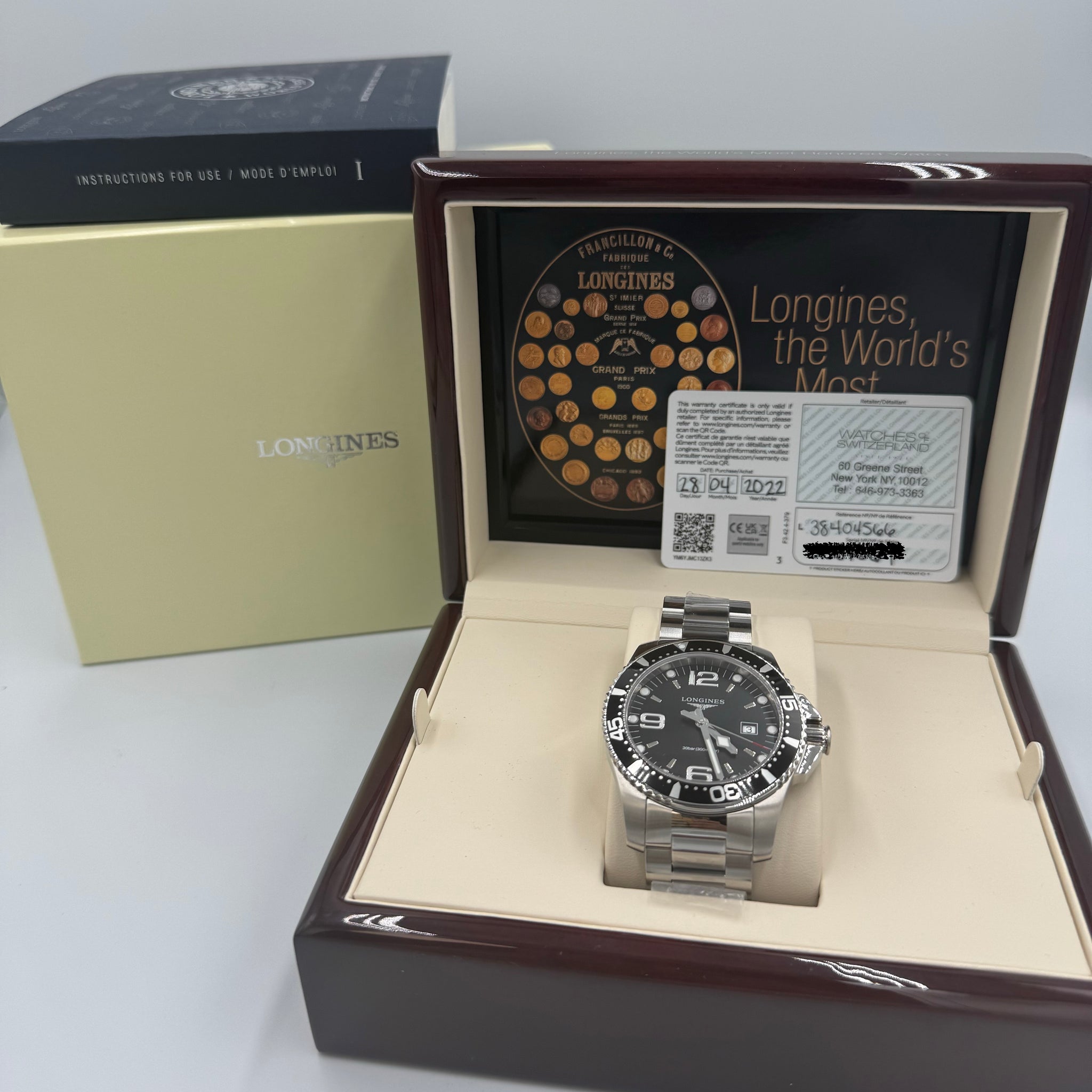Unworn Longines Hydroconquest ref.38404566 Black Dial W/Card dated 4-28-2022