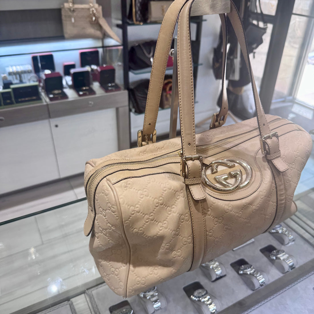 Gucci Guccissima Small Britt Boston Bag in Beige – Style 170010