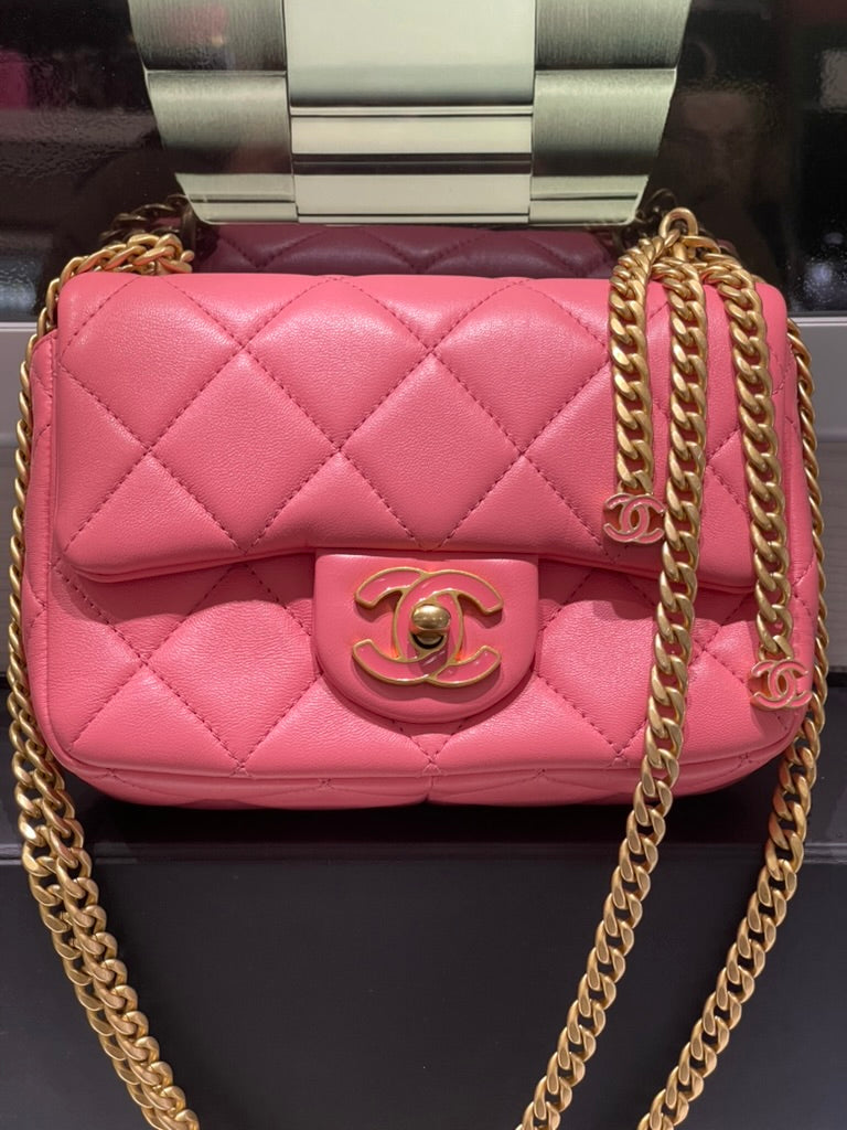 Pre-Owned Chanel Mini Square Flap Bag Pink Quilted Lambskin with Enamel CC