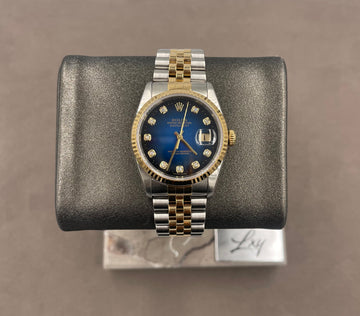 Pre-owned Rolex Men's Datejust 36mm ref.16233 Blue Diamond Vignette Serti Dial Fluted Bezel on Jubilee w/Box & Papers (1997)