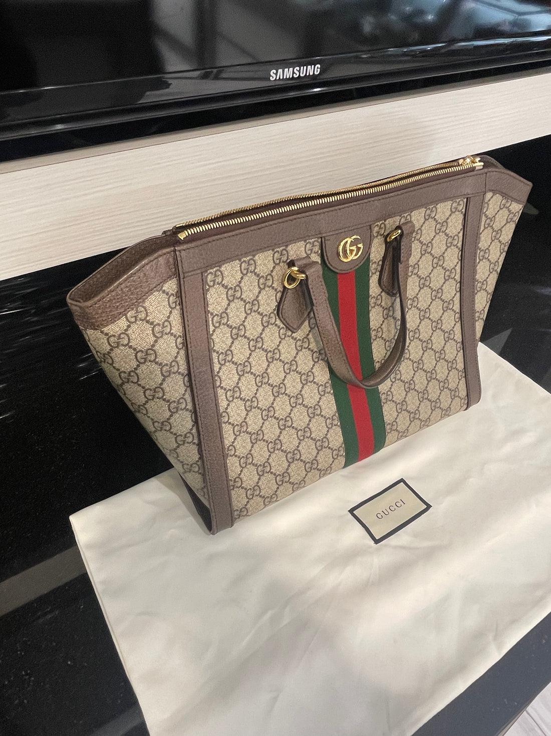 Pre-Owned Gucci GG Supreme Monogram Web Medium Ophidia Tote Bag Brown (no strap) Style:524537