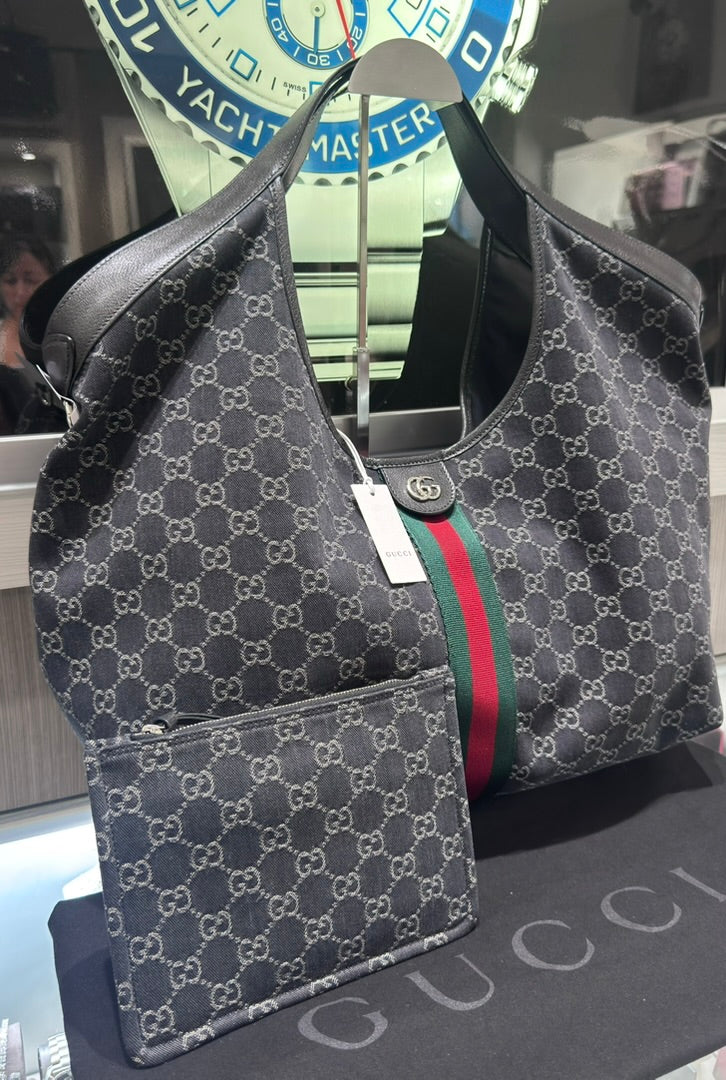 Unworn Gucci Giglio Large Tote Bag Black GG Denim