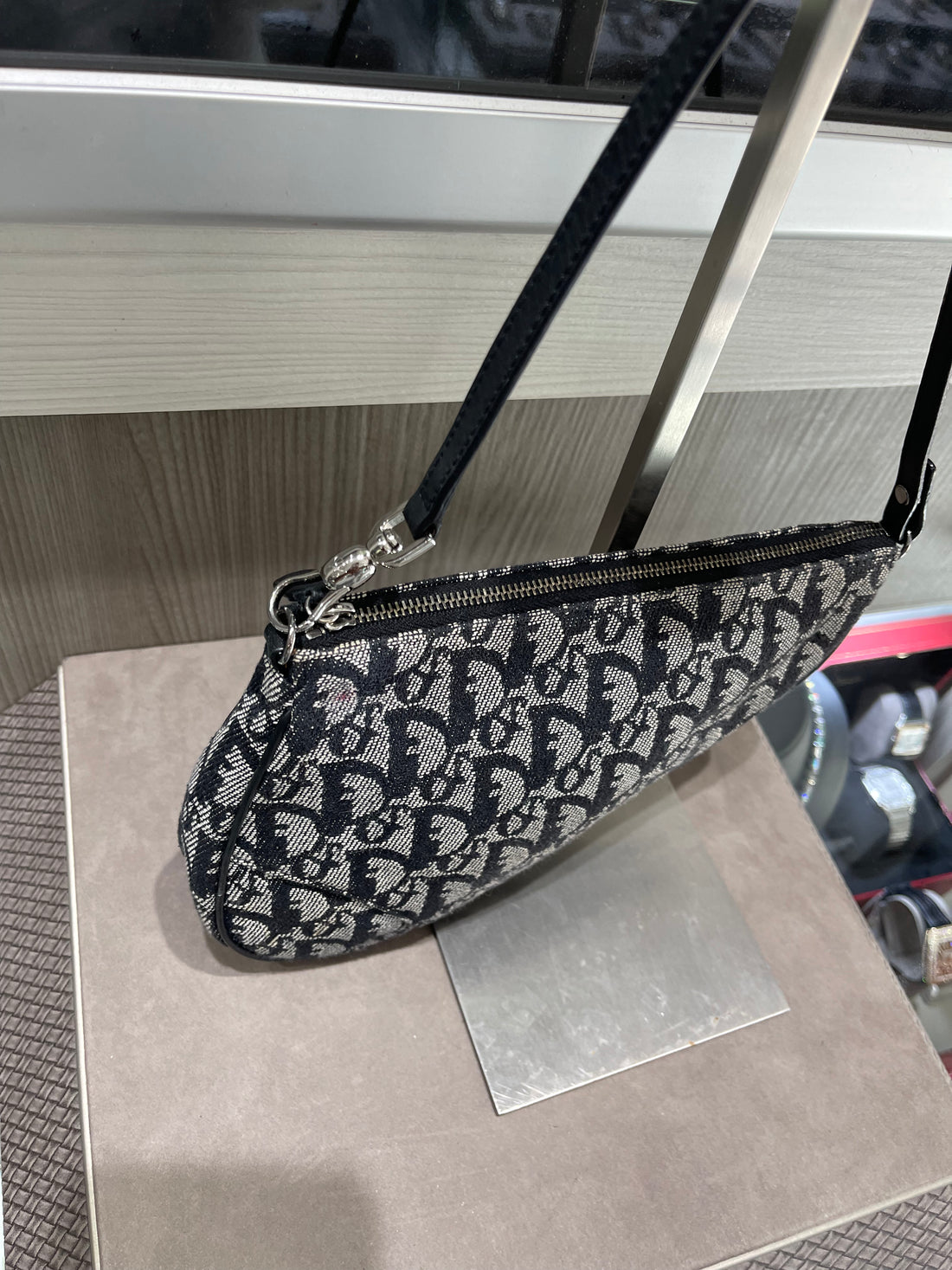 Vintage Dior Small Trotter Saddle shoulder Bag Black Diorissimo Jacquard