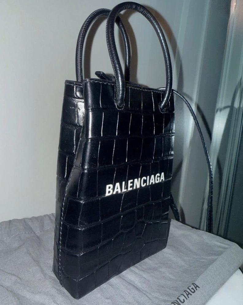 Pre-Owned Balenciaga Mini Tote Crossbody Bag Black Faux Croc Embossed Leather