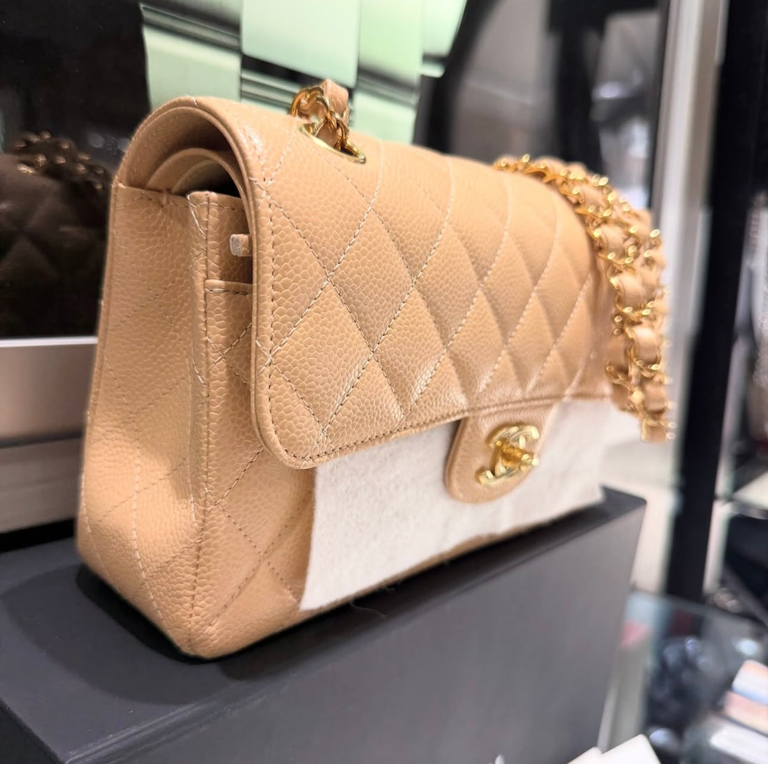 Unworn Chanel Classic Double Flap Bag Quilted Caviar Small- Beige (2023)
