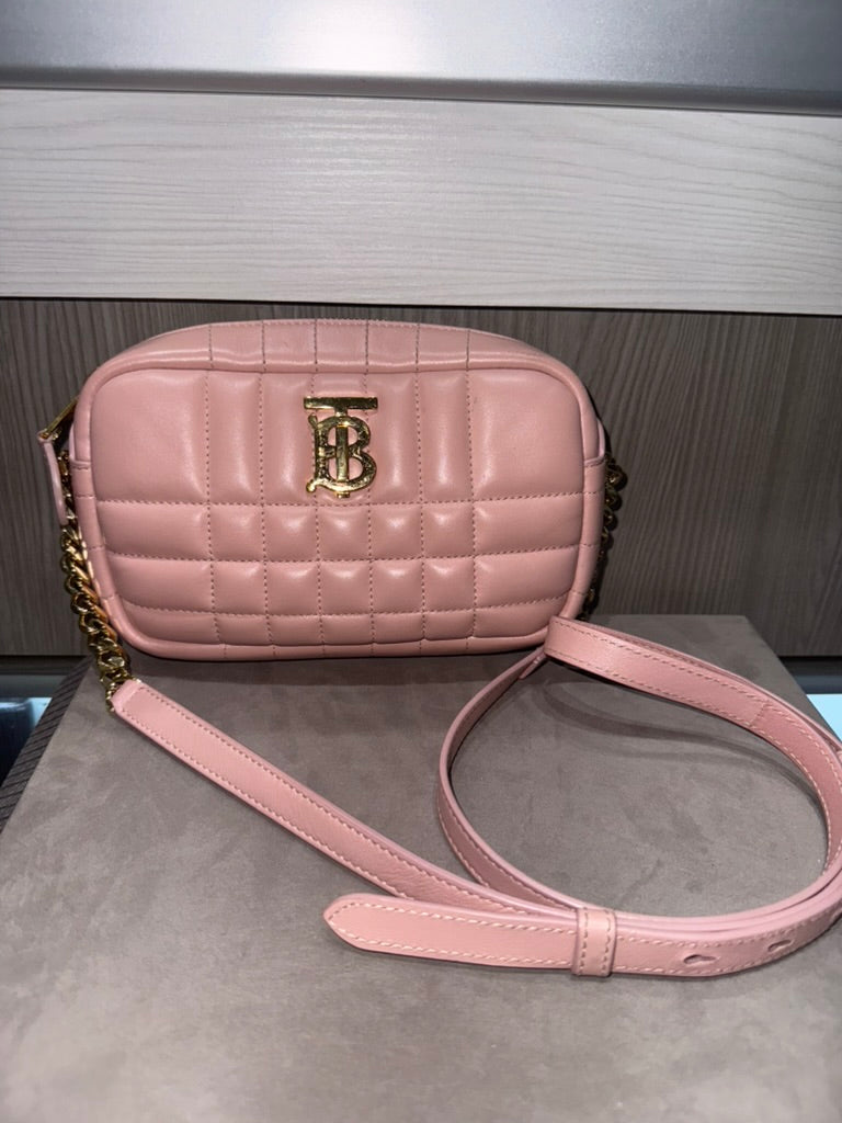 Pre-owned Burberry Mini Lola Quilted Camera Pale Pink Lambskin Crossbody