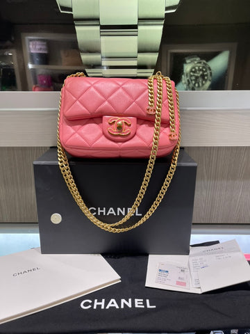 Pre-Owned Chanel Mini Square Flap Bag Pink Quilted Lambskin with Enamel CC