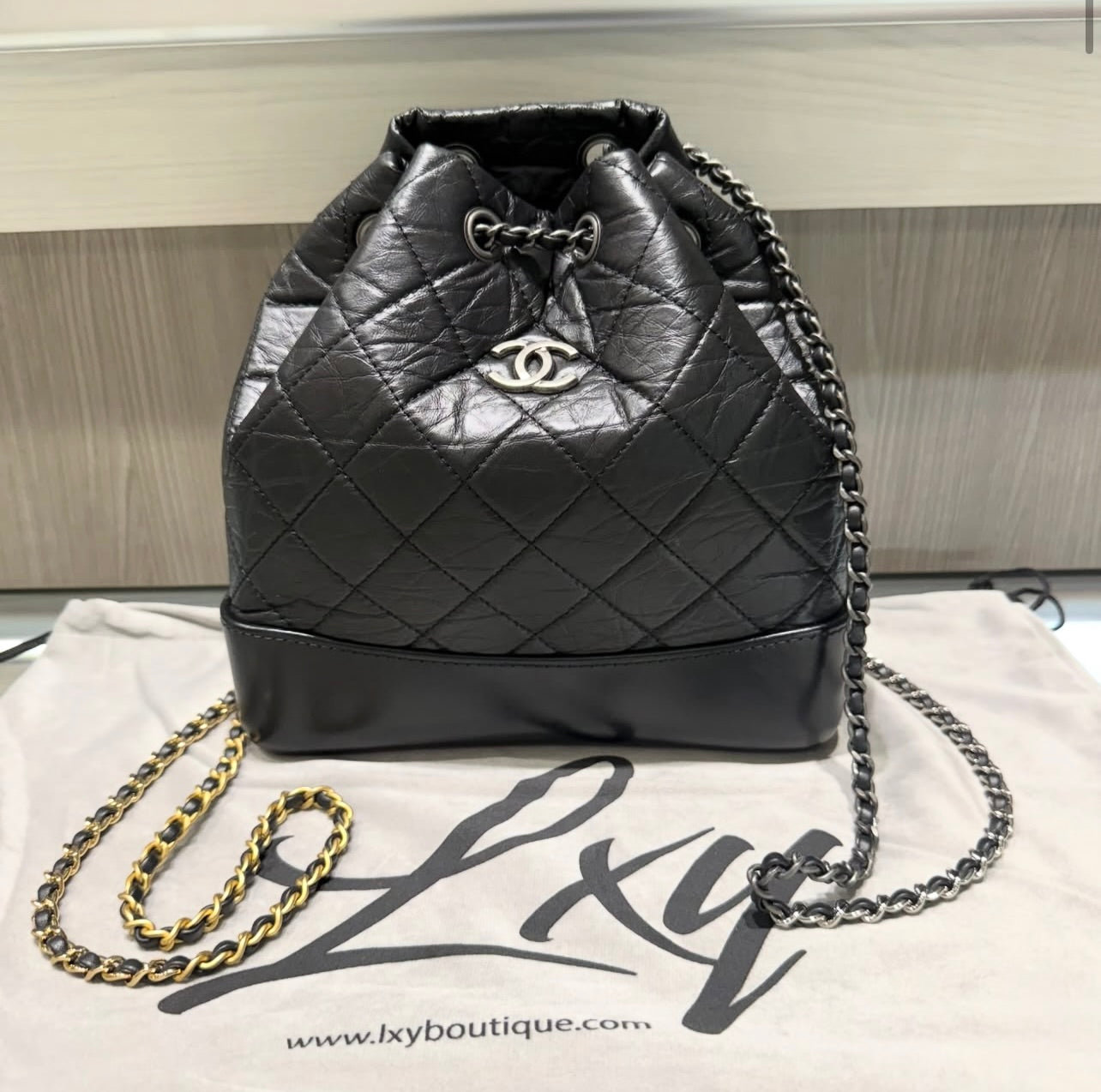 Pre-Owned Chanel Gabrielle Crinkled Calfskin Black Leather Backpack