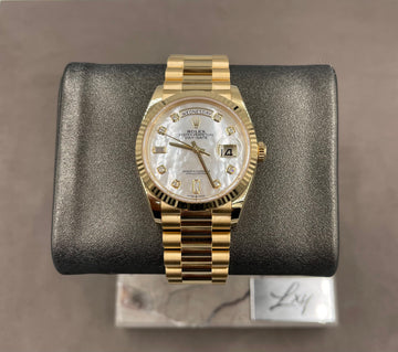 Unworn Rolex Men's Day-Date 36mm ref. 128238 Mother of Pearl Diamond Dial Fluted Bezel on Presidential Bracelet w/Box & Card