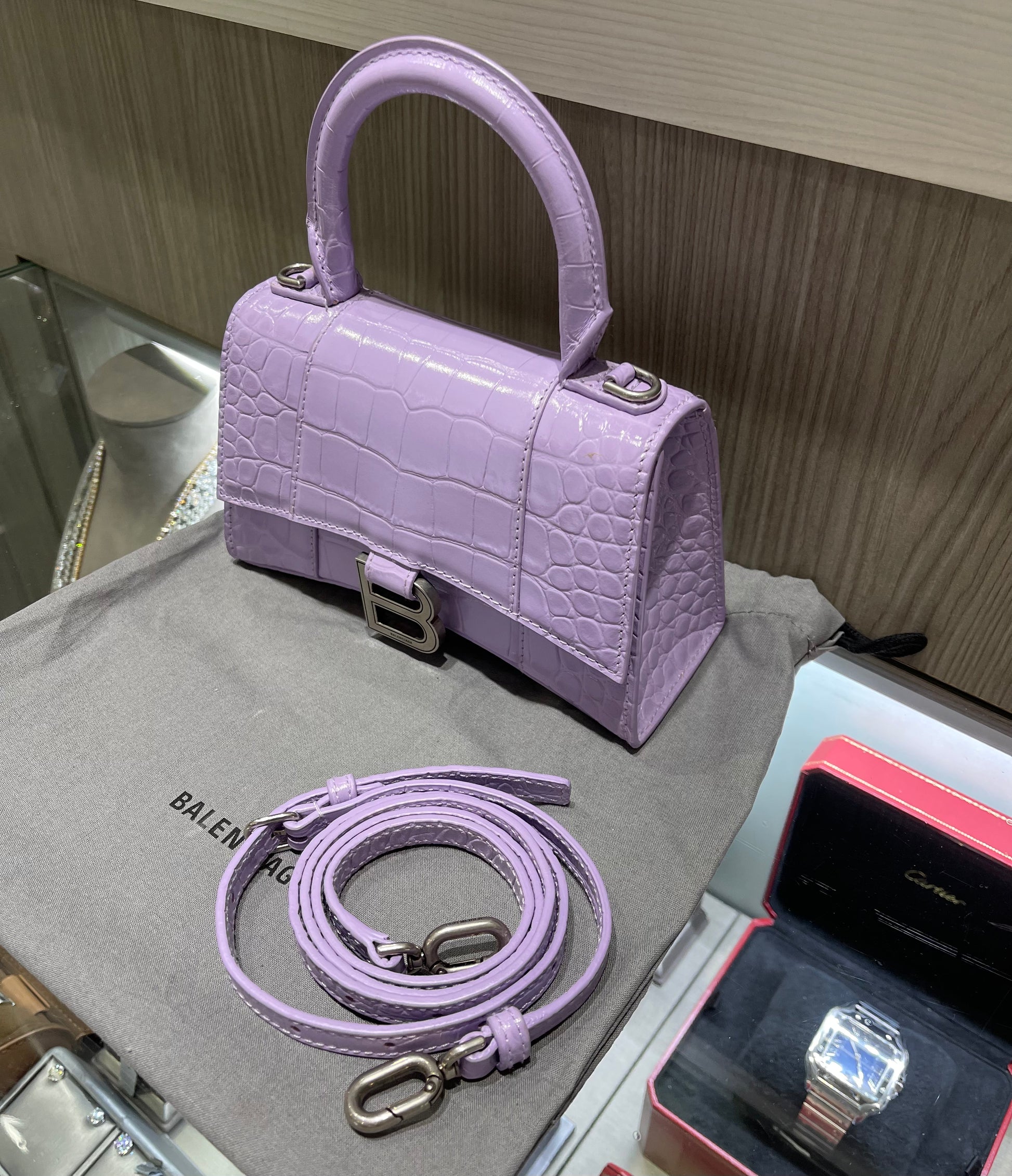 Pre-owned Balenciaga XS Hourglass Croc Light Lilac Purple Crossbody Bag