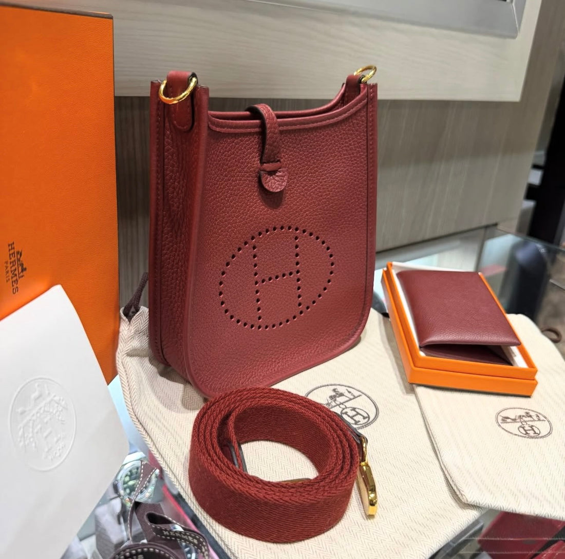Unworn Hermes Mini Evelyne TPM 16 Clemence Leather Rouge H, K stamp (2025) and Calvicard
