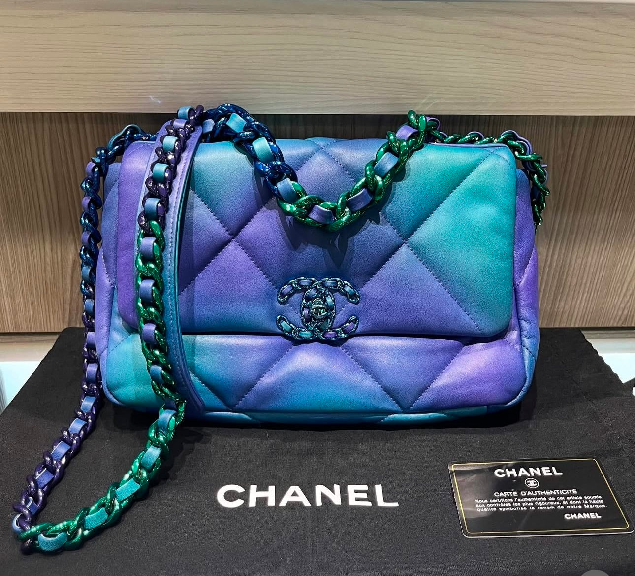 Pre-Owned Chanel 19 Medium Tie-Dye Mermaid Lambskin Flap Bag in Blue and Purple