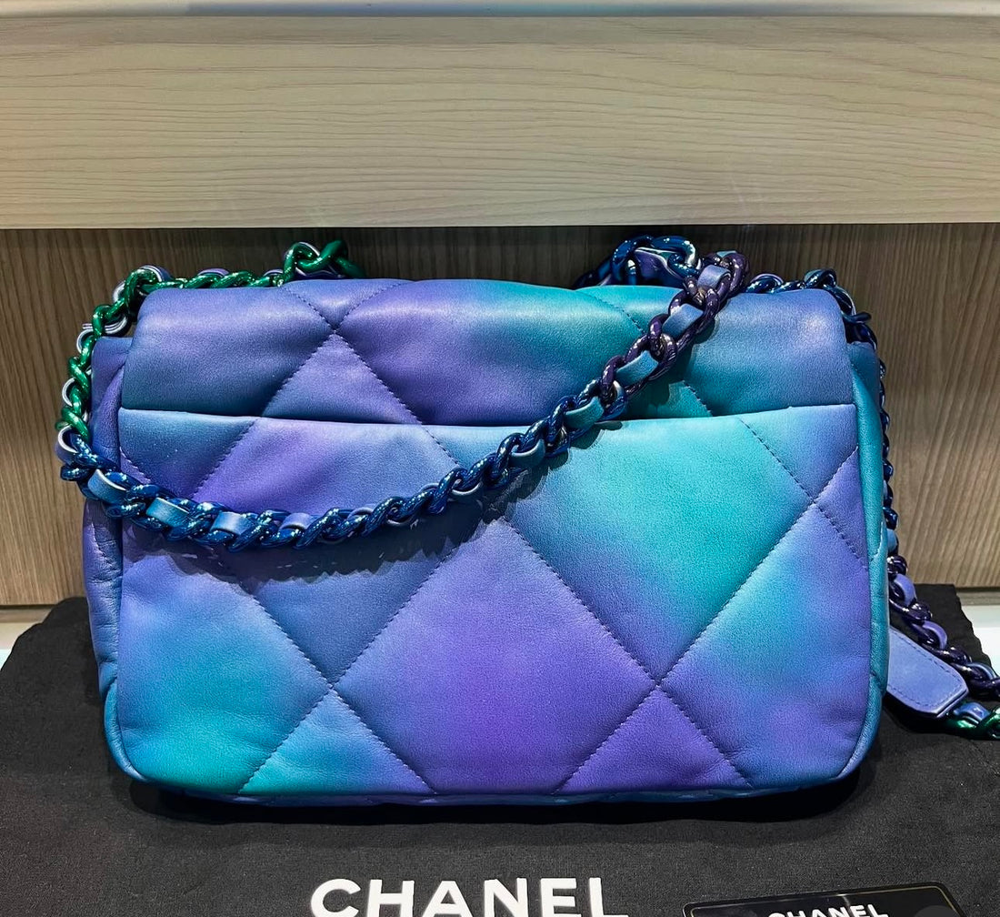 Pre-Owned Chanel 19 Medium Tie-Dye Mermaid Lambskin Flap Bag in Blue and Purple