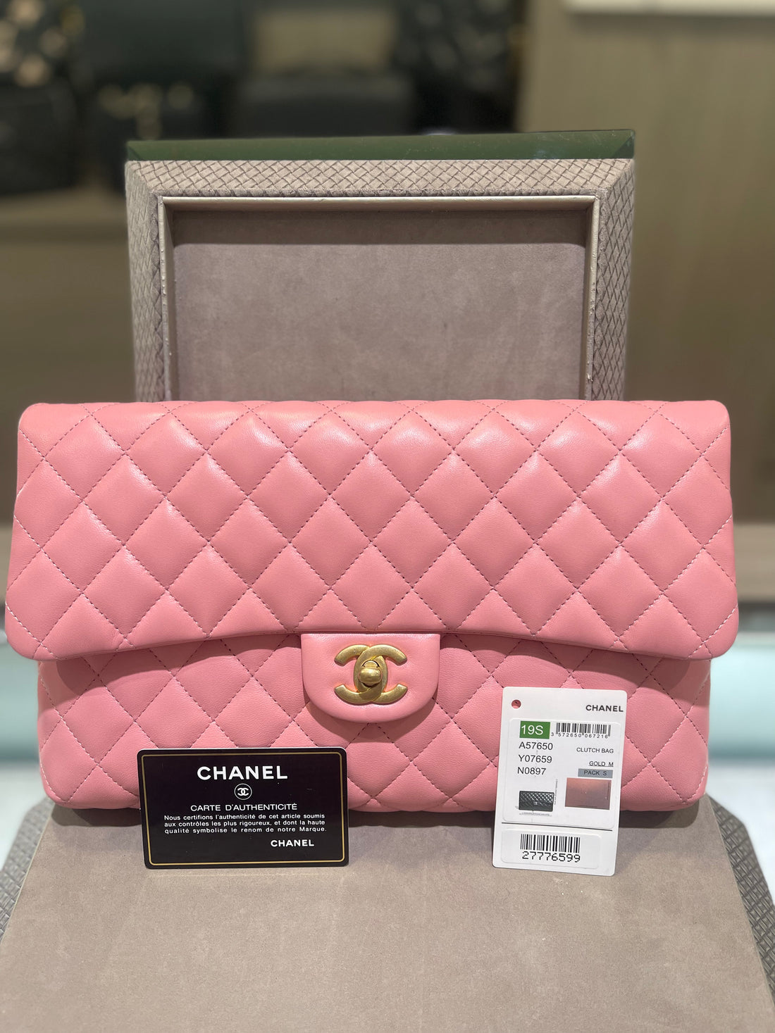 Unworn Chanel Timeless Classic Flap Clutch Lambskin Pink Antique Gold Hardware