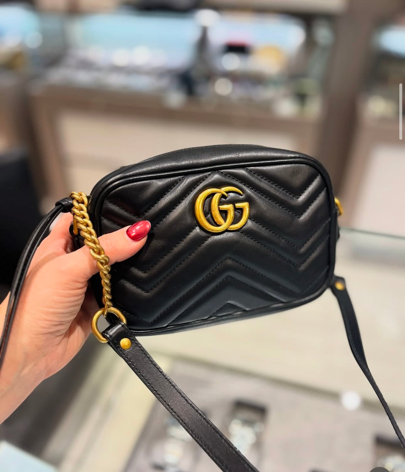 Pre-Owned Gucci Black Mini GG Marmont Chain Shoulder Bag Style: 448065