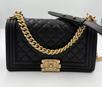 Pre-owned Chanel Old Medium Boy Bag- Black Caviar antique Gold hardware 26669811 (2018-2019)