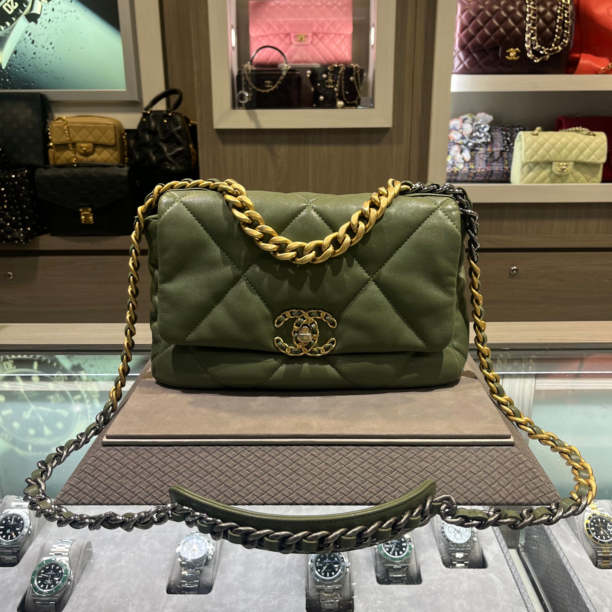 Pre-owned Chanel 19 Flap Bag Quilted Lambskin Medium in Sage Green