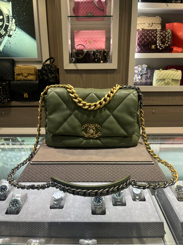 Pre-owned Chanel 19 Flap Bag Quilted Lambskin Medium in Sage Green