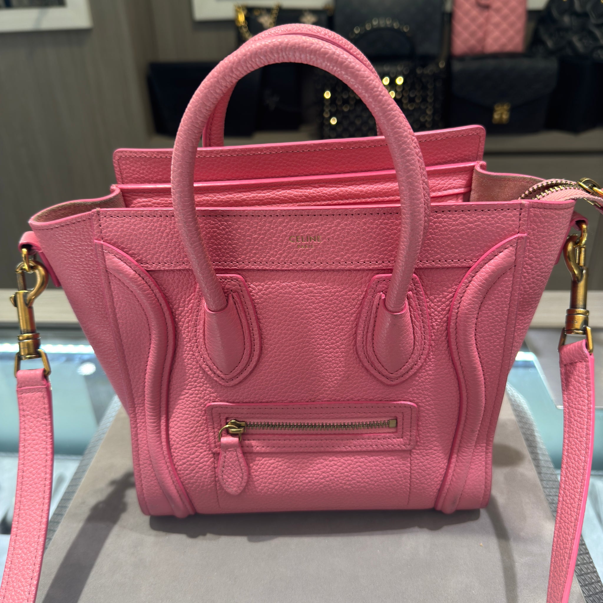 Pre-owned Celine Nano Luggage Tote Flamingo Pink with strap