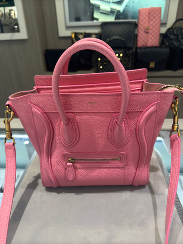 Pre-owned Celine Nano Luggage Tote Flamingo Pink with strap