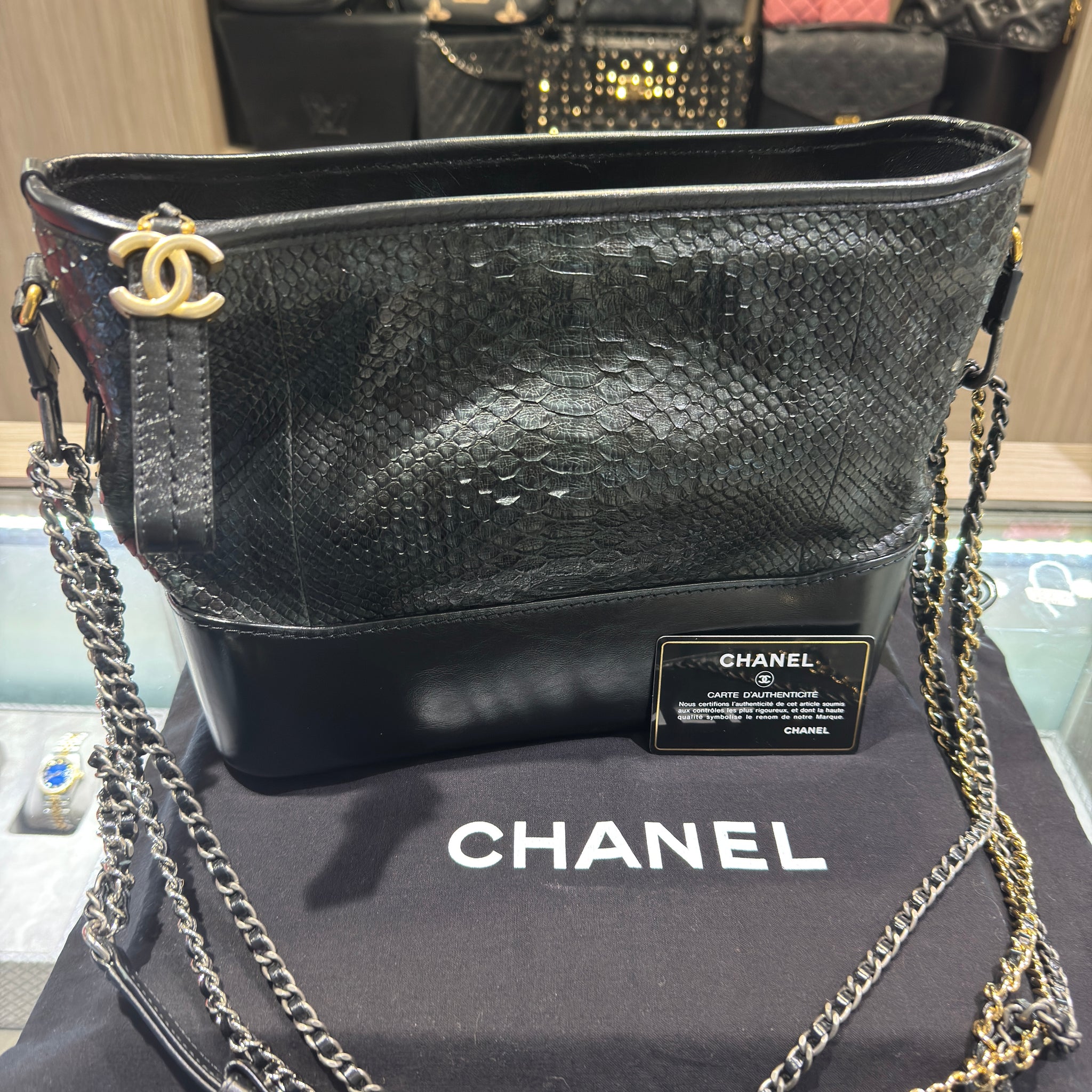 Pre-owned Chanel Gabrielle Medium Black Snakeskin (2017-2018)