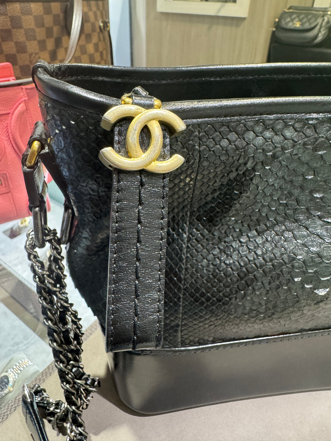 Pre-owned Chanel Gabrielle Medium Black Snakeskin (2017-2018)