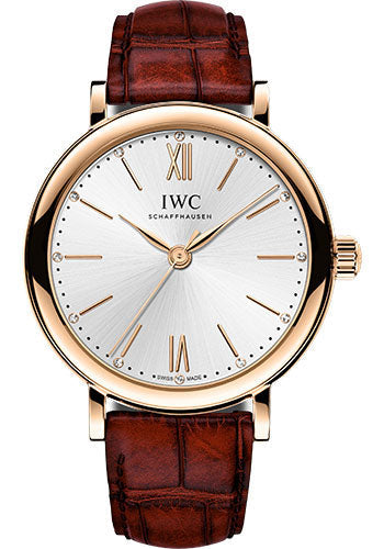 IWC Portofino Automatic 34 Watch - 34.0 mm 5N Gold Case - Silver Dial - Burgundy Alligator Strap - IW357401