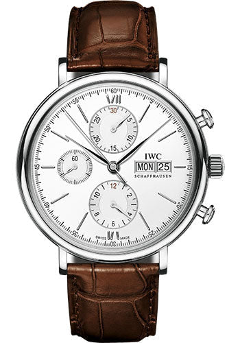 IWC Portofino Chronograph Watch - 42.0 mm Stainless Steel Case - Silver Dial - Dark Brown Alligator Strap - IW391027