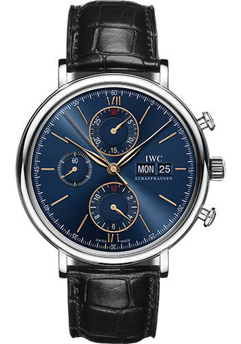 IWC Portofino Chronograph Watch - 42.0 mm Stainless Steel Case - Blue Dial - Black Alligator Strap - IW391036