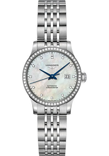 Longines Record Collection Automatic Watch - 30 mm Steel Diamond Case - White Mother-Of-Pearl Diamond Dial - Bracelet - L2.321.0.87.6