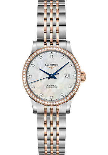 Longines Record collection Watch - 30 mm Steel And 18K Pink Gold Diamond Case - White Mother-Of-Pearl Diamond Dial - Steel And 18K Pink Gold Cap 200 Bracelet - L2.321.5.89.7