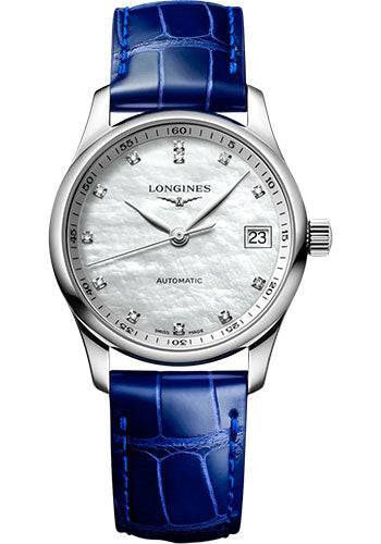 Longines Master Collection Automatic Watch - 34 mm Steel Case - White Mother-Of-Pearl Diamond Dial - Blue Alligator Leather Strap - L2.357.4.87.0