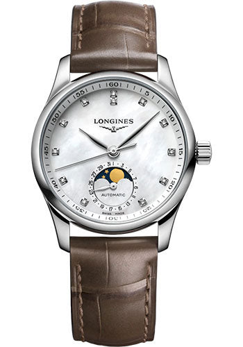 Longines Master Collection Moon Phase Automatic Watch - 34 mm Steel Case - White Mother-Of-Pearl Diamond Dial - Beige Alligator Strap - L2.409.4.87.4