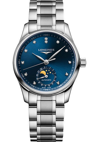 Longines Master Collection Moon Phase Automatic Watch - 34 mm Steel Case - Blue Diamond Dial - Bracelet - L2.409.4.97.6