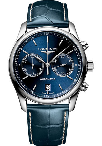 Longines Master Collection Chronograph Small Seconds Automatic Watch - 40 mm Steel Case - Blue Dial - Blue Alligator Strap - L2.629.4.92.0