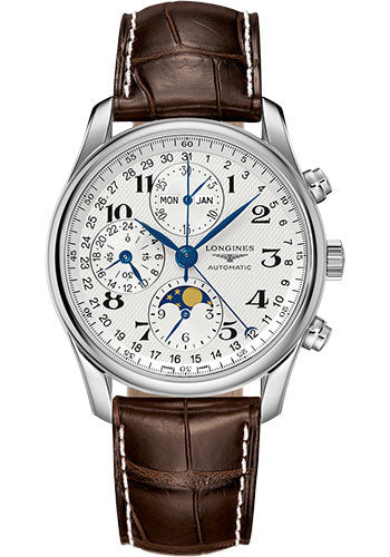 Longines Master Collection Moon Phase Chronograph Small Seconds Watch - 40 mm Steel Case - Silver Barleycorn Arabic Dial - Brown Alligator Strap - L2.673.4.78.3