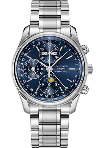 Longines Master Collection Moon Phase Chronograph Small Seconds Watch - 40 mm Steel Case - Blue Dial - Bracelet - L2.673.4.92.6