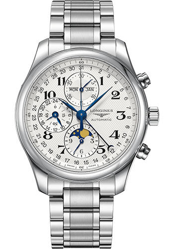 Longines Master Collection Moon Phase Chronograph Small Seconds Watch - 42 mm Steel Case - Silver Barleycorn Arabic Dial - Bracelet - L2.773.4.78.6