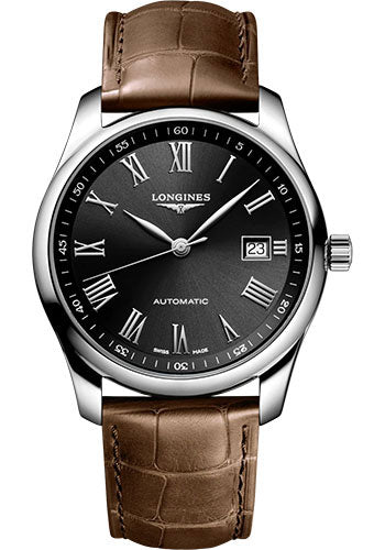 Longines Master Collection Automatic Watch - 40 mm Steel Case - Black Roman Dial - Brown Alligator Strap - L2.793.4.59.2