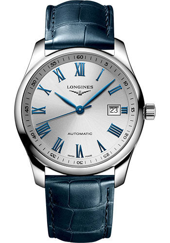 Longines Master Collection Automatic Watch - 40 mm Steel Case - Silver Roman Dial - Blue Alligator Strap - L2.793.4.79.2