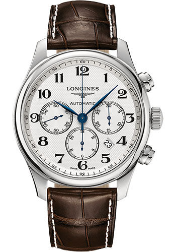 Longines Master Collection Chronograph Small Seconds Watch - 44 mm Steel Case - Silver Barleycorn Arabic Dial - Brown Alligator Strap - L2.859.4.78.3